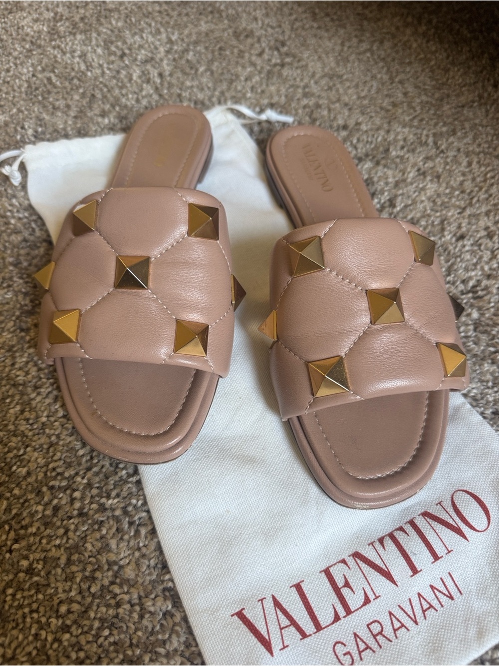 Valentino Tan Quilted Slide Sandals with Gold Pyramid Studs